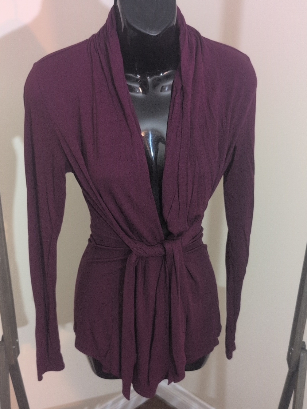Women's Deep Plum Tie-Waist Wrap Sweater Cardigan